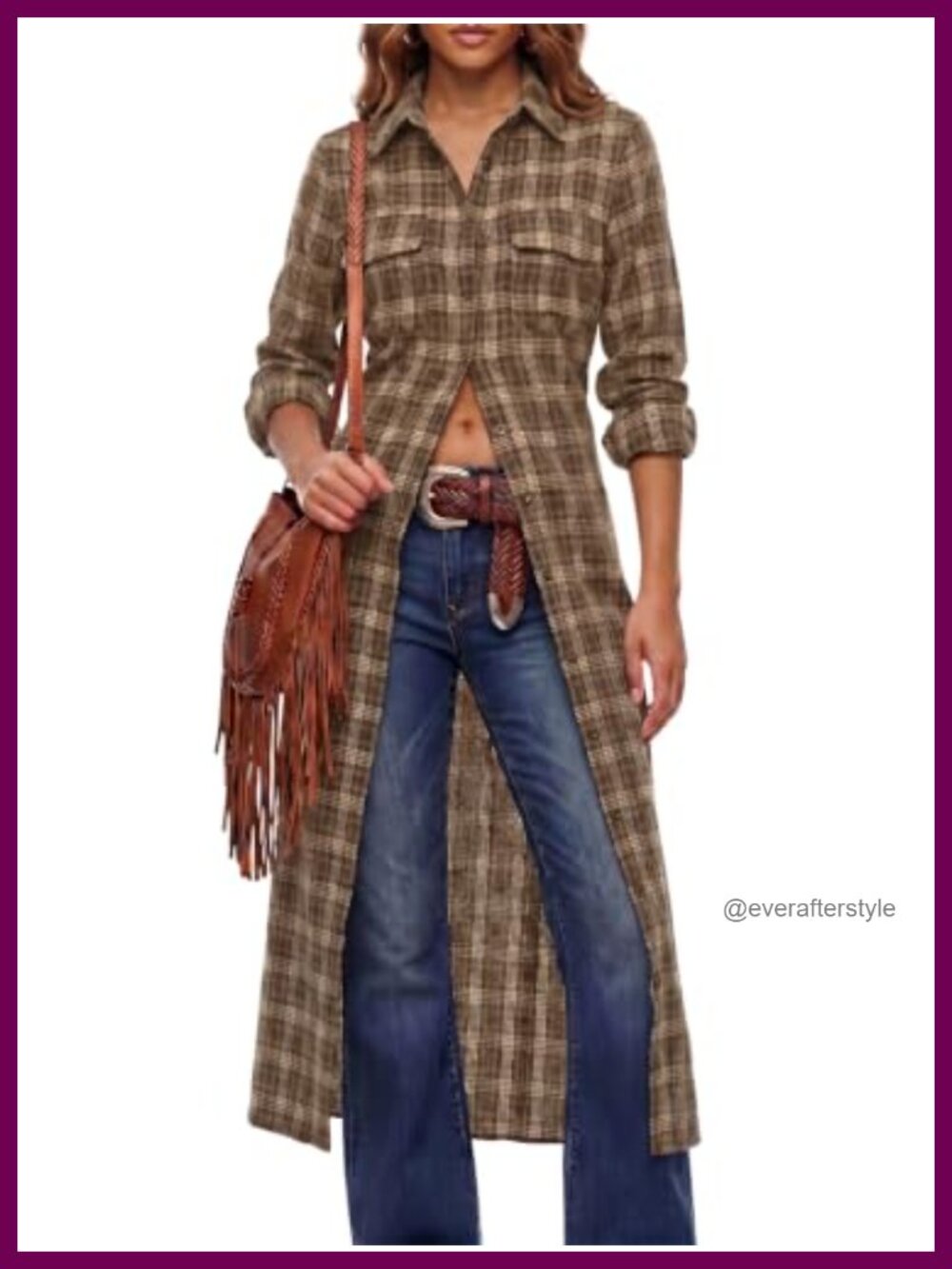 Plaid Shacket Button Down Long Flannel Shirt Jacket Tie Waist
